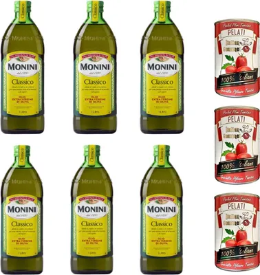 Produktbild von 6x Monini Extra Natives Olivenöl 1L nativ olio extravergine di oliva Classico + Italian Gourmet 100% italienische geschälte Tomaten dosen 3x 400g