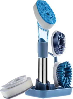 Obrázek produktu pro Sada kartáčů na nádobí – kartáč na hrnce s dávkovačem mýdla – houbička – držák a rukojeť – modrá