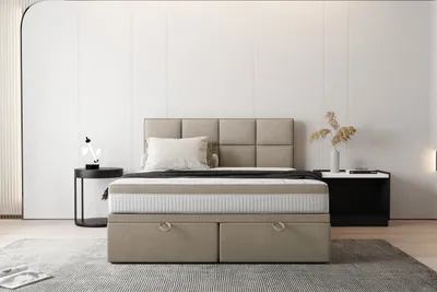 A bedroom scene with a bed, nightstands, and a lamp.