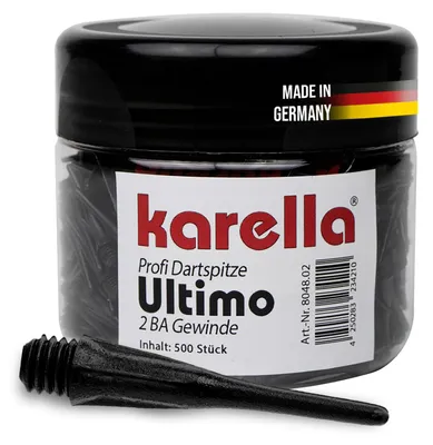 Produktbild von Karella Dartspitzen Ultimo,  Germany, Profi Kunststoff Ersatzspitzen für Softdarts, Softtips, Gewinde 2 BA, extrem formstabil, perfekter Halt in elektronischer Dartscheibe/Dartautomat, 500St.