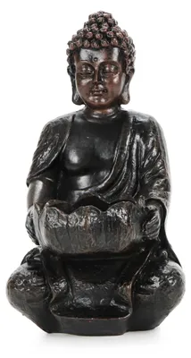 Produktbild von Buddha im Lotussitz mit Teelichthalter - Höhe 14,5 cm - für Indoor, Terrasse und Balkon, Buddha Figur sitzend aus wiederstandsfähigem Polyresin