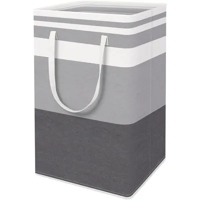A striped laundry basket with handles.