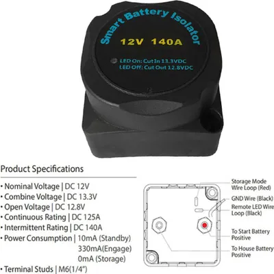Obrázek produktu pro Relé citlivé na napětí, automatické nabíjení, 140 A, dvojitý izolátor baterií (VSR)