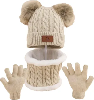 Produktbild von 3-teiliges Winterset für Kinder: Mütze, Schal, Handschuhe, zwei Mützen mit Plüschbommel-Dekor, gedrehte Textur, randlose Strickhandschuhe, Fleece-gefütterter Halswärmer