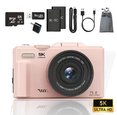 Produktbild von ZELURXX 5K Digitalkamera mit WiFi, 75 MP, 18-fachem Zoom, 180°-Klappdisplay, Autofokus, Vlog-Kamera, Videokamera, inkl. 64-GB-Karte und 2 Akkus, Rosa