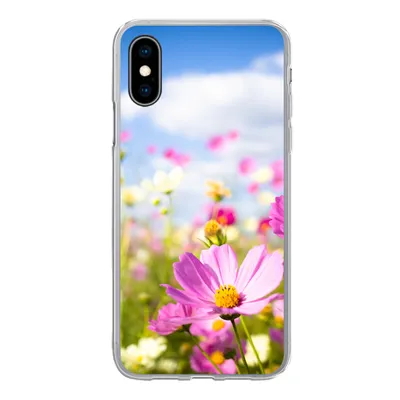 Produktbild von MuchoWow® Handyhülle Schutzhülle Hülle für iPhone X Blumen - Wiese - Lila - Gras - Weiß - Wolken - Blau Silikon Softcase Handy Hülle - Handyhülle