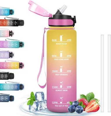 Produktbild von Famanu Trinkflasche 1 Liter mit Strohhalm und Zeitskala - Auslaufsichere Sportflasche für Fitness, Wandern und Outdoor