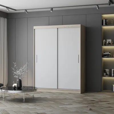 A modern bedroom or living room setting with a large sliding door wardrobe.