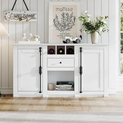 Produktbild von Fortuna Lai 130*35*70cm Wohnzimmerschrank,Moderne Kommode mit 2 Schranktüren 1Schublade,Breite 130 cm,Beistellschrank mit 3 Weinregal,Sideboard mit halboffenem Stauraum,Geeignet für Flure,Wohnzimmer, Büros,Weiß