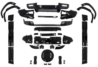 Productafbeelding van Bodykit voor Land Rover Defender SUV L663, modeljaar 2019 en later, in zwart, bestaande uit: bumpers, spoilers, radiatorgrille en wielkasten.