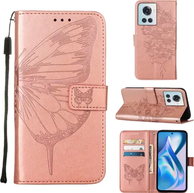 Produktbild von OnePlus Ace Hülle, Schmetterling Prägung Flip Leder Kartenfächer Schutzhülle Ledertasche mit Ständer für OnePlus Ace 5G Roségold