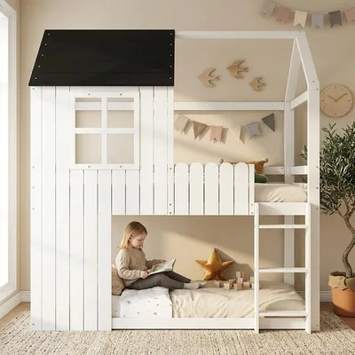 Zdjęcie produktu dla Łóżko piętrowe 90x200 cm, biało-czarne, wykonane z drewna sosnowego i MDF. Łóżko piętrowe dla dzieci z schodami, w stylu domku z oknami, idealne do pokoju dziecięcego