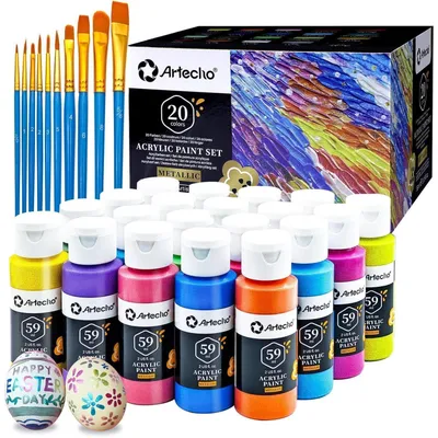 Produktbild von Acrylfarben Set 20 x 59ml Metallisch mit 10 Pinseln, Wasserfest, Lichtecht, Ungiftig