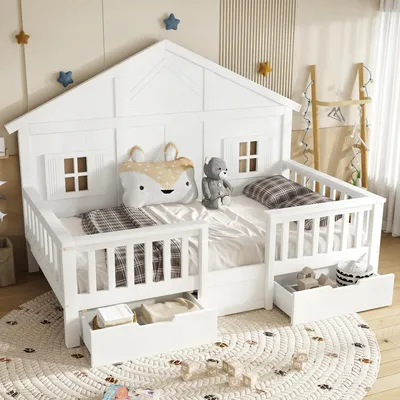 Image de OKWISH Lit Enfant 90x200 cm - Lit Maison Ado avec Fenêtres et Toit, 2 Tiroirs de Rangement, Bois Blanc, Sans Matelas
