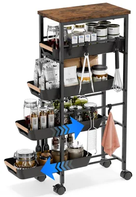 Image de Chariot de cuisine avec 5 étagères et roulettes, chariot de rangement étroit avec 4 tiroirs et plateau en bois, chariot de cuisine à roulettes, chariot à étagères en métal avec tiroirs pour petits espaces, cuisine, salle de bains, salon