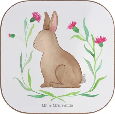 Produktbild von Mr. & Mrs. Panda Untersetzer Glas Hase Sitzen - Weiß - Geschenk, Frohe Ostern, Tassen, für Gläser, Flaschenuntersetzer, Osterhase, Tischschoner, Ostergrüße, Liebe