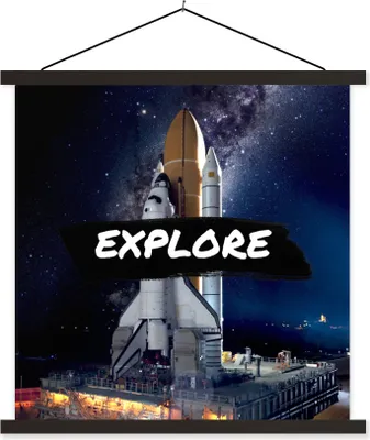Produktbild von MuchoWow® Textilposter Weltraum - 'Erforschen' - Zitate - Sprichwörter - Kinder - Kinder - Jungen 40x40 cm mit schwarzem Rahmen - Fotos