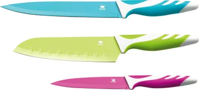 Produktbild von 3tlg. KING® Messerset BUNT- Edelstahl beschichtete Klingen / Größen: 20cm Kochmesser, 12.5cm Universalmesser & 8.5cm Gemüsemesser