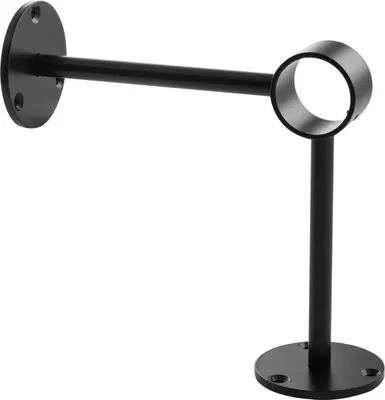 A black metal rod support bracket is shown against a white background.