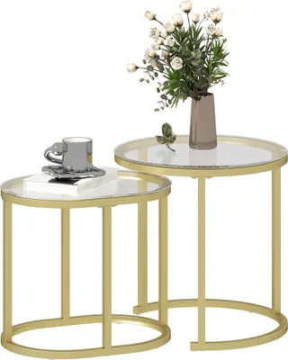 Produktbild von HOMCOM Couchtisch rund 2er Set Stapelbarer Beistelltisch mit Stahlrahmen Gold