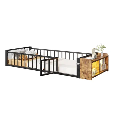 Produktbild von Kinderbett mit LED-Streifen, Regal, Zaun, Lattenrost und Tür, 90x200 cm, Einzelbett mit Rausfallschutz, Metallbett
