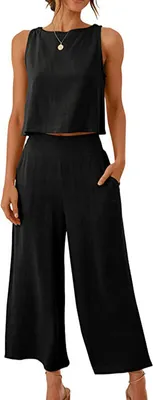 Image de ASKSA Femme 2 pièces été Sans manches Boutons Débardeur Pantalon large Jambe Unicolore Tenue deux pièces avec poches, Noir, M