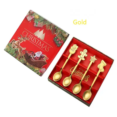 Produktbild von Set mit 4 Latte-Macchiato-Löffeln, 12,7 cm, Kuchen, Dessert, Eis, Teelöffel, kreative kleine Weihnachtslöffel, lange Löffel für Cocktails und Desserts, polierter Edelstahl, spülmaschinenfest (Gold)