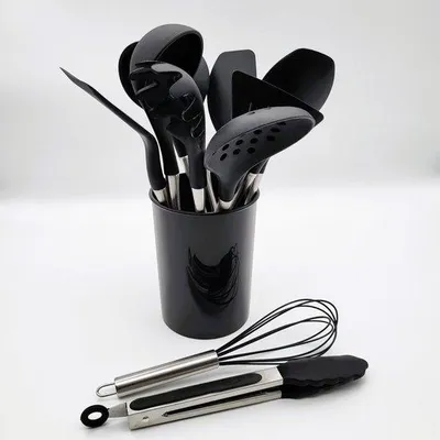Produktbild von Unyqoos® 12-teiliges Silikon-Küchenhelfer-Set mit eleganten Edelstahlgriffen – BPA-frei, hitzebeständig -40°C bis 230°C, spülmaschinenfest