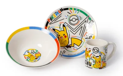 Obrázek produktu pro Snídaňová sada Pokémon Rainbow Pikachu - hrnek, miska a talíř v barevném provedení - fanouškovské zboží pro děti a sběratele - nápad na dárek