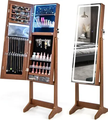 Produktbild von Schmuckschrank mit Spiegel & 3-farbigen LED Beleuchtung Spiegelschrank Schmuckregal Braun