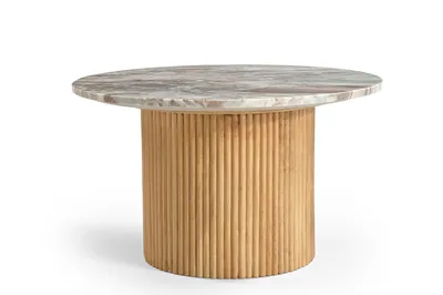 Zdjęcie produktu dla Marmoholz - Stolik okrągły Roma Ø70 x H40 cm z naturalnego szarego marmuru i jasnego drewna mango – elegancki stolik kawowy w stylu japandi i modern