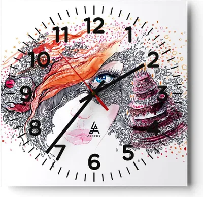 Produktbild von Wanduhr - Quadrat - Glasuhr - Frau Kuchen Abstraktion Eleganz - 30x30cm - Schleichendes Uhrwerk - Lautlos - zum Aufhängen bereit - Dekoration Modern - Wanddekoration aus Glas - C4AC30x30-3004