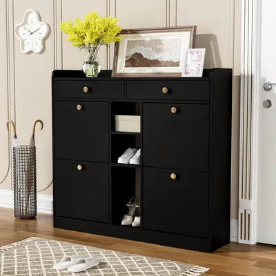 Image de Armoire à chaussures - Rangement à chaussures - Étagère à chaussures - Meuble à chaussures - Armoire à chaussures noire