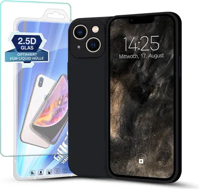 A black iPhone case and screen protector are displayed against a white background.