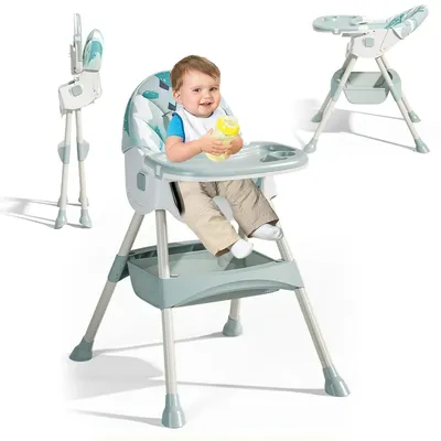 Produktbild von Klappbarer Baby-Esszimmerstuhl, höhenverstellbarer Kinderhochstuhl, multifunktionaler Rückenlehnenstuhl mit Rädern und Esstablett, geeignet zum Fütter