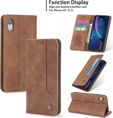 Produktbild von iPhone XR Hülle, LaimTop Retro Kunstledertasche Schutzhülle mit Kartenfach Standfunktion für iPhone XR Braun