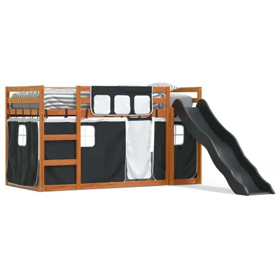 Produktbild von Design Etagenbett mit Rutsche und Gardinen Weiß und Schwarz 90x200 cm, Klassische Betten 2024 Neu
