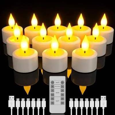 Productafbeelding van Oplaadbare LED Kaarsen - Vlamloze Theelichtjes - Sfeervolle Decoratie - Met Afstandsbediening - 12 Stuks - Wit