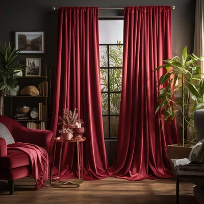 A living room scene with red velvet curtains, a red armchair, and plants.