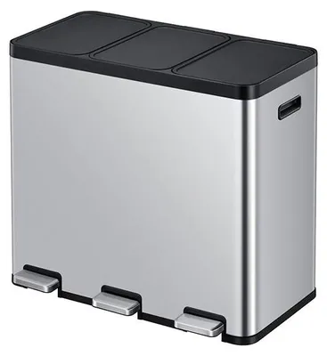A three-compartment recycling bin with silver body and black lids and pedals.
