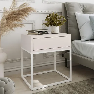 Produktbild von AX LIVING Nachttisch Kommode Aleio in Beige mit weißem Metallgestell