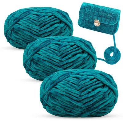Productafbeelding van Chenille wol voor haken en breien, fluweelgaren, 3 bollen van 100 gram, diepzeegroen, 6 mm dik