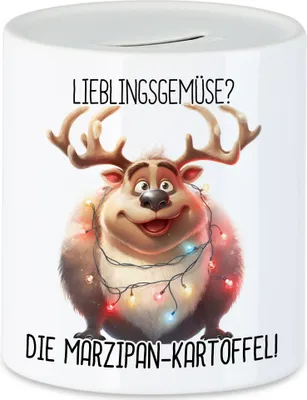 Produktbild von Lieblingsgemüse Marzipankartoffel Lustiges Rentier Spardose Lichterkette Adventsgeschenk