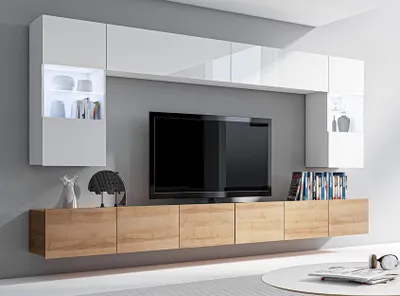 Produktbild von AX LIVING Wohnwand Modern Kossana 1 –300cm Breite Weiß/Goldene Eiche