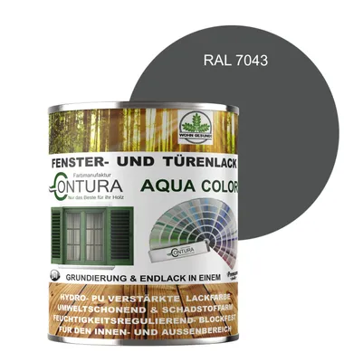 Produktbild von Contura 750ml Fenster und Türenlack Glänzend nach RAL 2in1 mit Pinsel Möbellack Innen und Außen Holzlack - RAL 7043 Verkehrsgrau B
