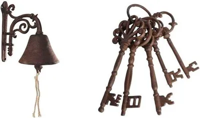 Produktbild von Famanu Türglocke Blume, Gusseisen, 19 x 20 x 11 cm - Set mit großer gusseiserner Schlüssel, braun