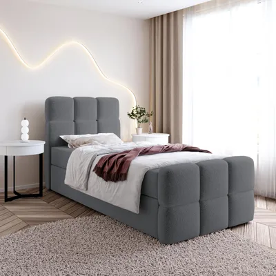 Produktbild von Einzelbett SALA MINI mit Bettkasten, Boxspringbett mit Bonellfederkern-Matratze und Bouclé-Stoff (100x200, Duneklgrau - Fredo 40, ohne topper)