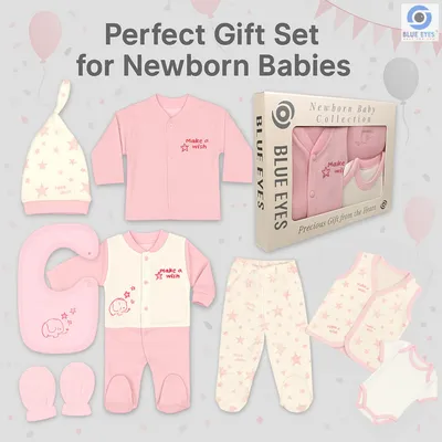 Produktbild von BLUE EYES Baby Geschenk Set 8-teilig, 100% Baumwolle, , Neugeborenen Erstausstattung 0–4 Monate, Stern Rosa