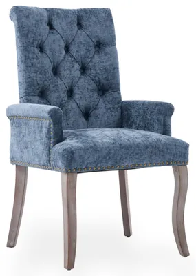 Productafbeelding van Armstoel met chenille bekleding, hoge knoopverdeling en poten van rubberhout, blauw
