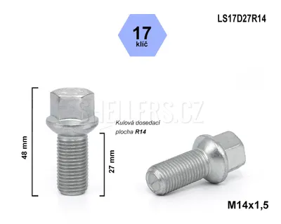 Obrázok produktu pre Skrutka kolesa M14x1,5x27 guľa R14, kľúč 17, LS17D27R14, výška 48 mm